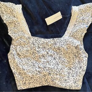 American Eagle Outfitters White and Black Floral Lace Blouse